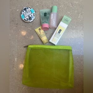 NWT 3 Clinique Skincare items (facial soap, toner & lotion) w/ Green Mesh Pouch